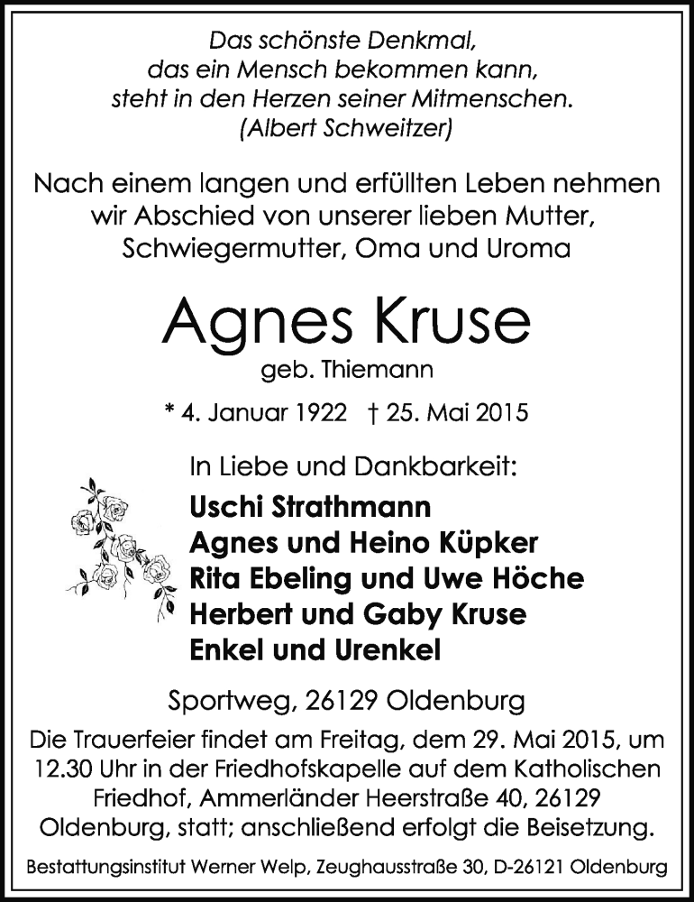  Traueranzeige für Agnes Kruse vom 27.05.2015 aus Nordwest-Zeitung