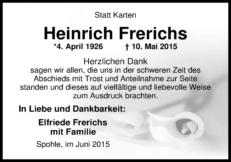 Traueranzeige für Heinrich Frerichs vom 13.06.2015 aus Nordwest-Zeitung