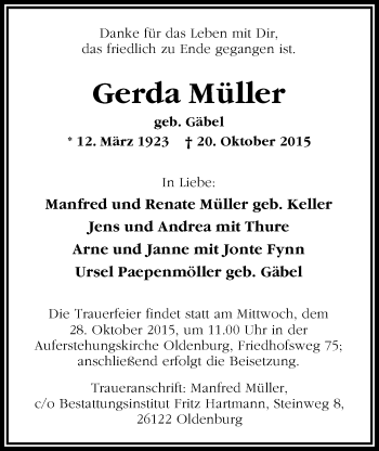 Traueranzeige von Gerda Müller von Nordwest-Zeitung