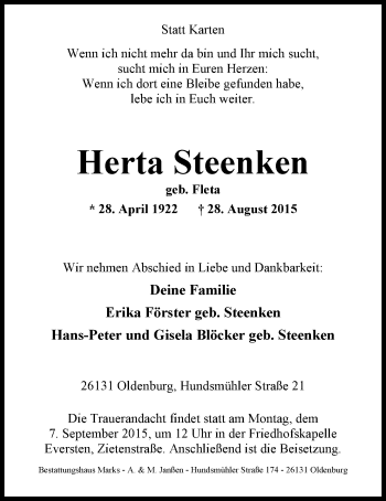 Traueranzeige von Herta Steenken von Nordwest-Zeitung