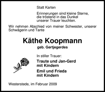 Traueranzeige von Käthe Koopmann von Nordwest-Zeitung