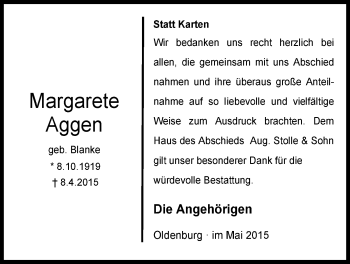 Traueranzeige von Margarete Aggen von Nordwest-Zeitung