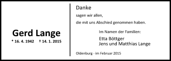 Traueranzeige von Gerd Lange von Nordwest-Zeitung