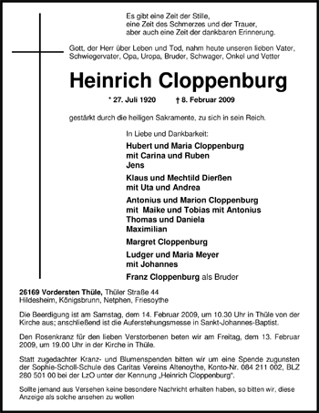 Traueranzeigen von Heinrich Cloppenburg | nordwest-trauer.de