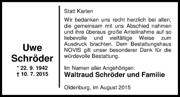 Traueranzeige von Uwe Schröder von Nordwest-Zeitung