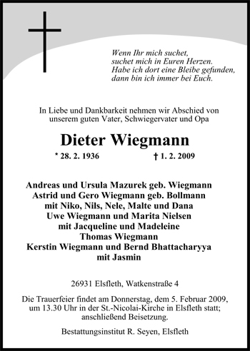 Traueranzeige von Dieter Wilhelm Wiegmann von Nordwest-Zeitung