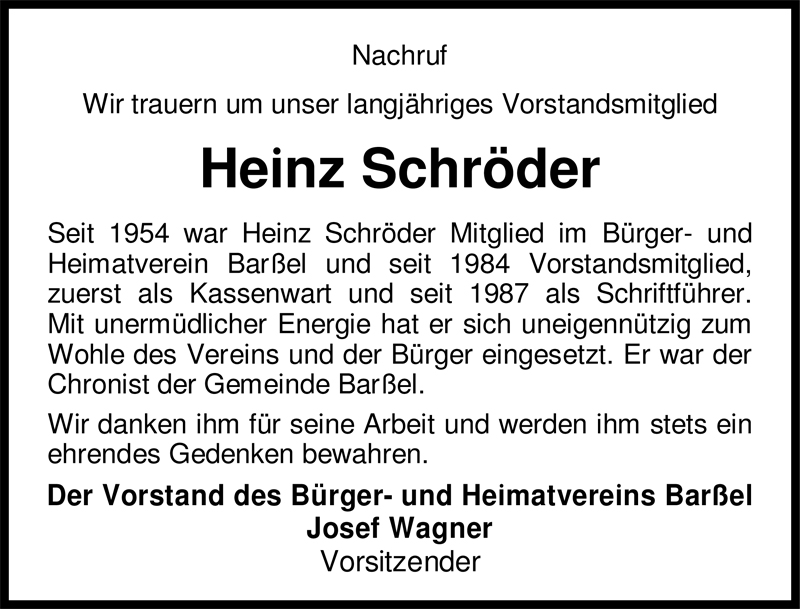  Traueranzeige für Heinz Schröder vom 15.10.2009 aus Nordwest-Zeitung