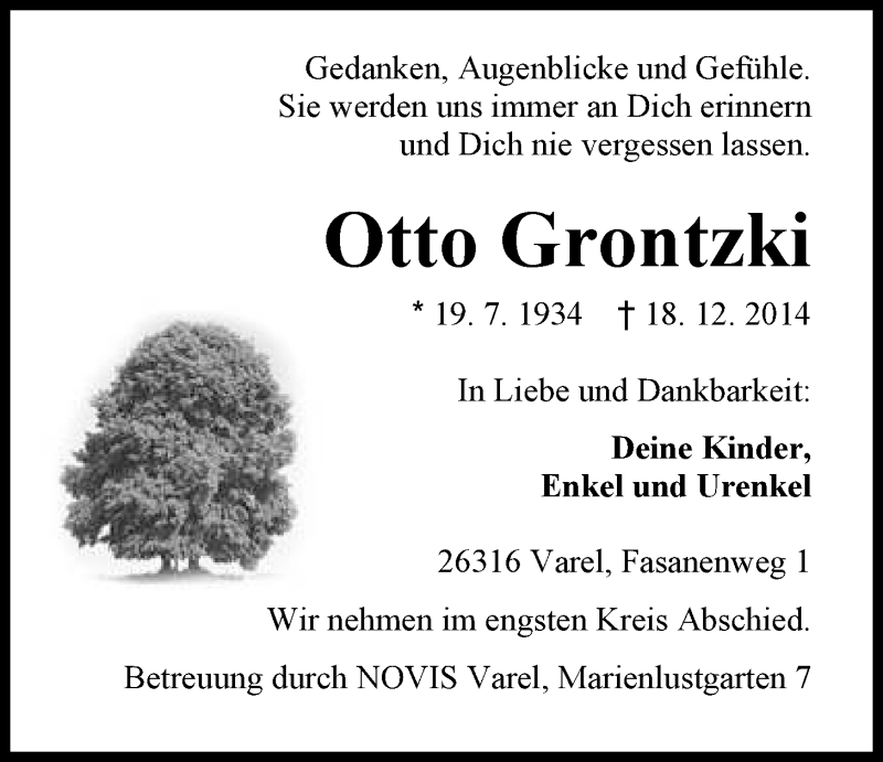  Traueranzeige für Otto Grontzki vom 20.12.2014 aus Nordwest-Zeitung