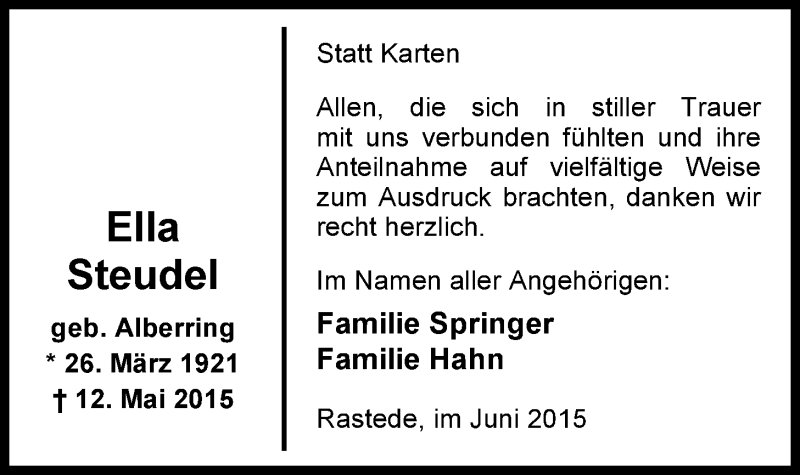  Traueranzeige für Ella Steudel vom 17.06.2015 aus Nordwest-Zeitung