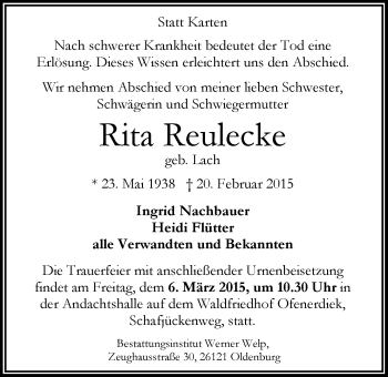 Traueranzeige von Rita Reulecke von Nordwest-Zeitung