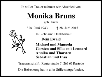 Traueranzeige von Monika Bruns von Nordwest-Zeitung