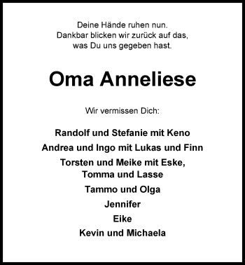 Traueranzeige von Anneliese Hots von Nordwest-Zeitung