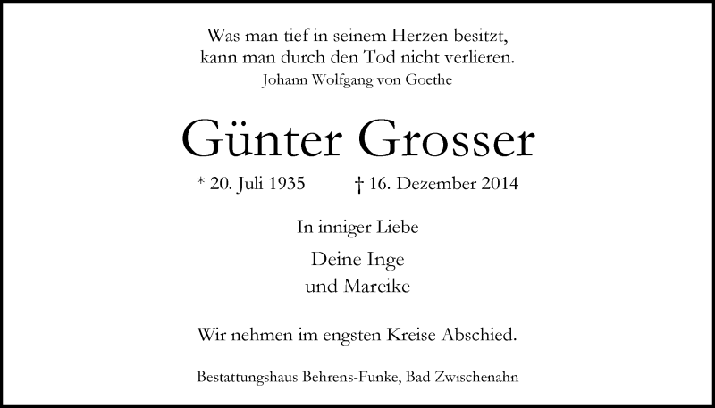  Traueranzeige für Günter Grosser vom 19.12.2014 aus Nordwest-Zeitung