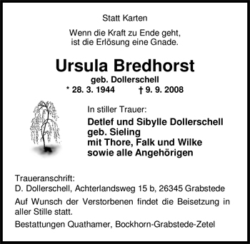 Traueranzeige von Ursula Bredhorst von Nordwest-Zeitung