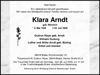 Traueranzeige von Klara Arndt von Nordwest-Zeitung