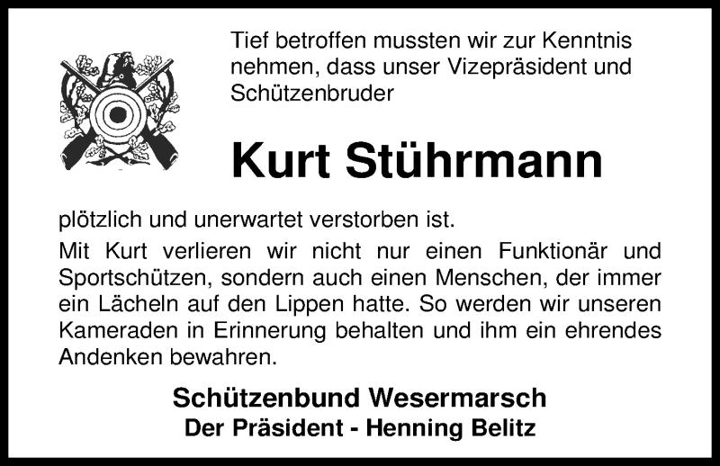  Traueranzeige für Kurt Stührmann vom 11.04.2015 aus Nordwest-Zeitung