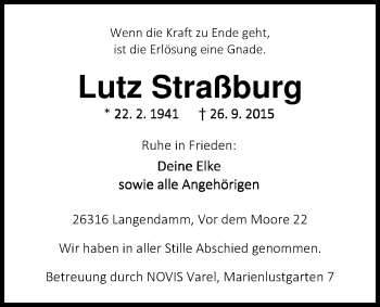Traueranzeige von Lutz Straßburg von Nordwest-Zeitung