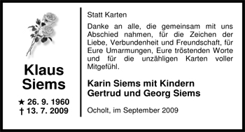 Traueranzeige von Klaus Siems von Nordwest-Zeitung