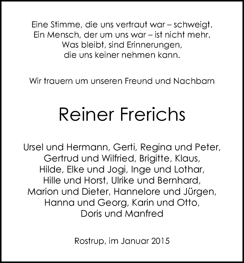  Traueranzeige für Reiner Frerichs vom 26.01.2015 aus Nordwest-Zeitung