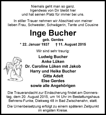 Traueranzeige von Inge Bucher von Nordwest-Zeitung