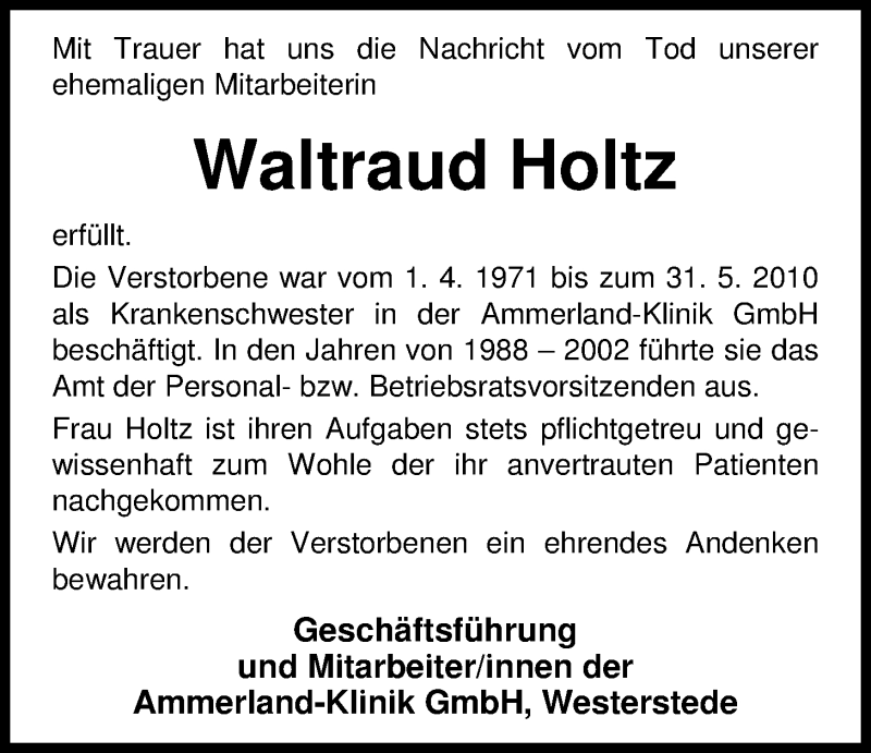  Traueranzeige für Waltraud Holtz vom 03.06.2015 aus Nordwest-Zeitung
