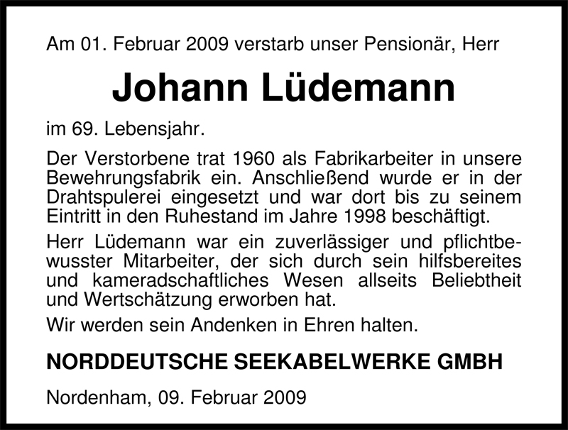  Traueranzeige für Johann Lüdemann vom 10.02.2009 aus Nordwest-Zeitung
