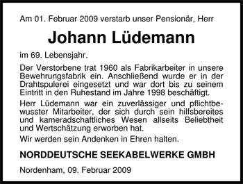 Traueranzeige von Johann Lüdemann von Nordwest-Zeitung