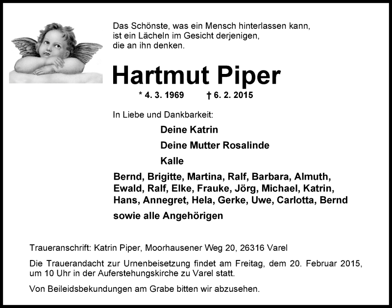  Traueranzeige für Hartmut Piper vom 18.02.2015 aus Nordwest-Zeitung
