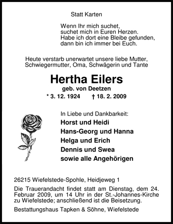 Traueranzeige von Hertha Eilers von Nordwest-Zeitung