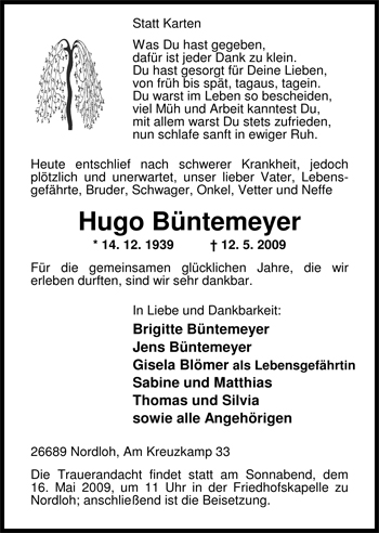 Traueranzeige von Hugo Büntemeyer von Nordwest-Zeitung