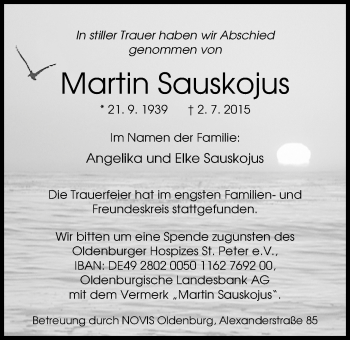 Traueranzeige von Martin Sauskojus von Nordwest-Zeitung