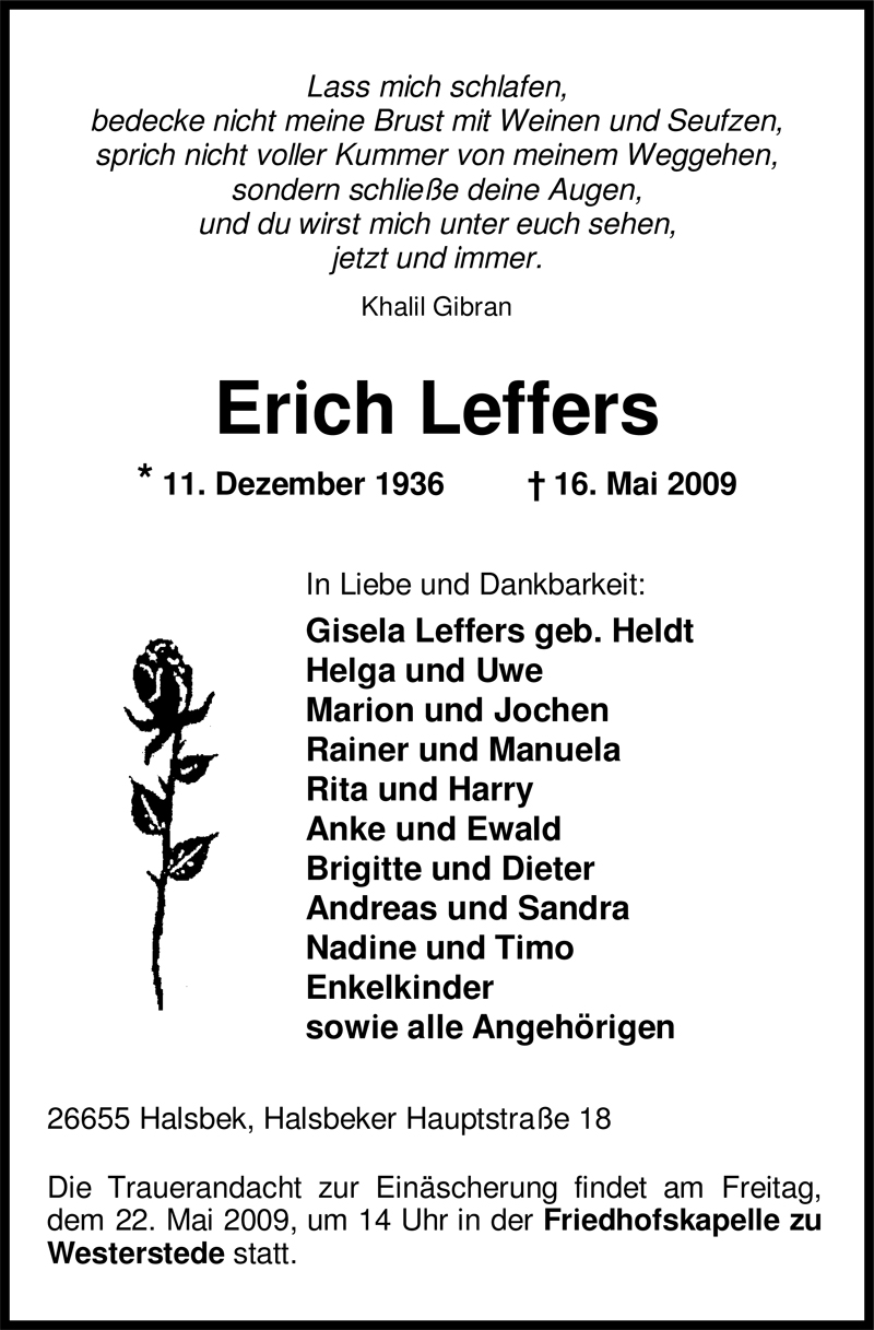  Traueranzeige für Erich Leffers vom 19.05.2009 aus Nordwest-Zeitung