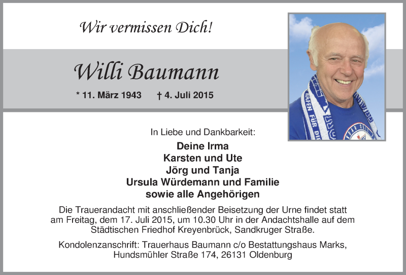  Traueranzeige für Willi Baumann vom 10.07.2015 aus Nordwest-Zeitung