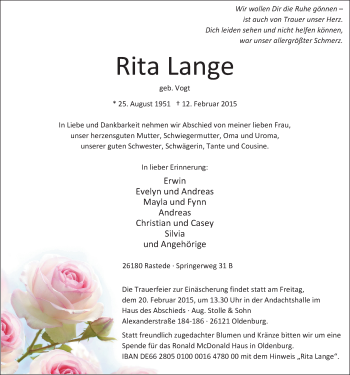 Traueranzeige von Rita Lange von Nordwest-Zeitung