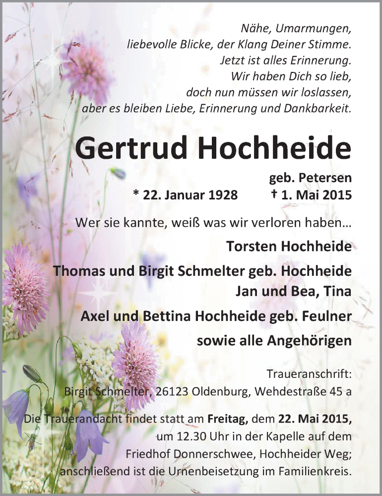  Traueranzeige für Gertrud Hochheide vom 09.05.2015 aus Nordwest-Zeitung