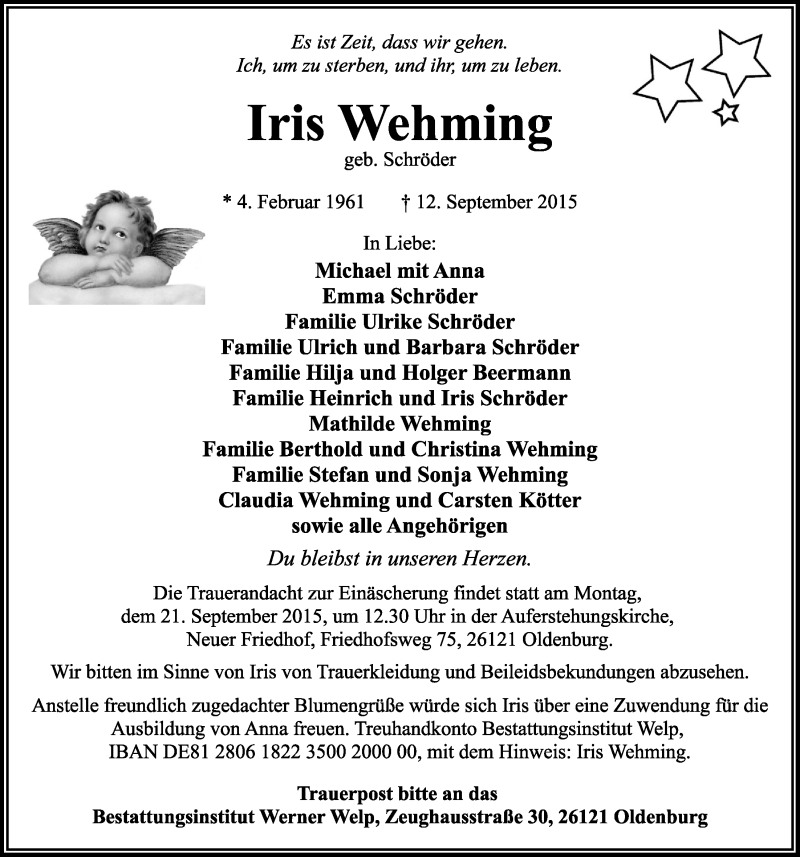  Traueranzeige für Iris Wehming vom 16.09.2015 aus Nordwest-Zeitung