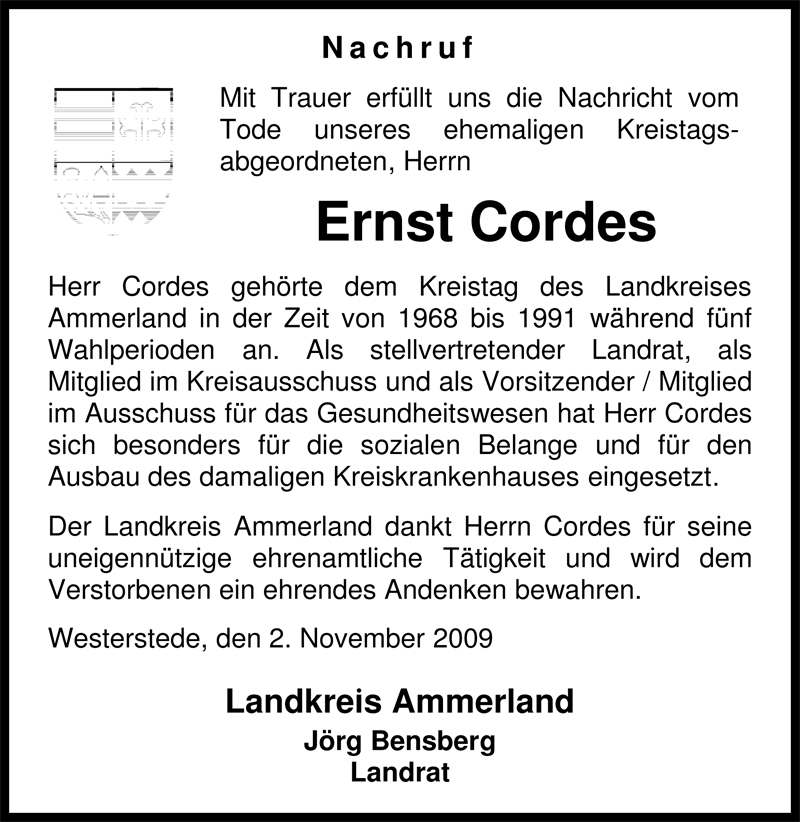  Traueranzeige für Ernst Cordes vom 14.11.2009 aus Nordwest-Zeitung