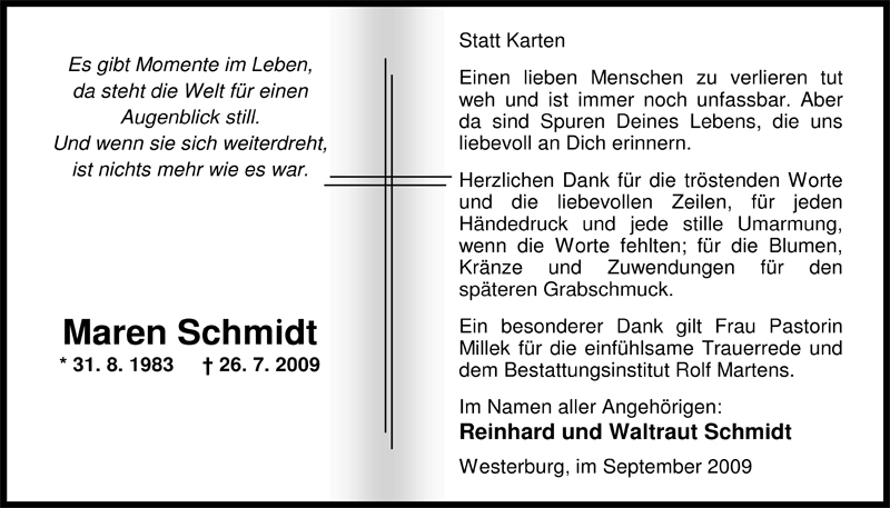  Traueranzeige für Maren Schmidt vom 05.09.2009 aus Nordwest-Zeitung