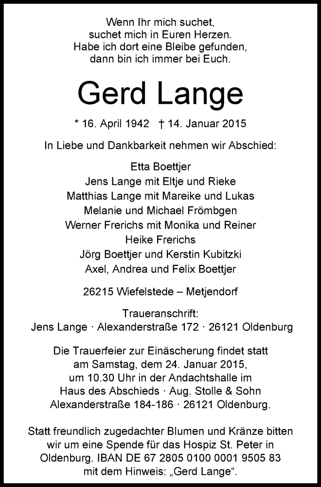  Traueranzeige für Gerd Lange vom 20.01.2015 aus Nordwest-Zeitung