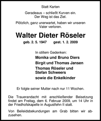 Traueranzeige von Walter Dieter Röseler von Nordwest-Zeitung