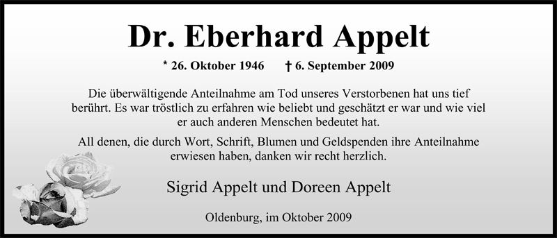  Traueranzeige für Eberhard Appelt vom 24.10.2009 aus Nordwest-Zeitung