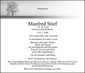 Traueranzeige von Manfred Stief von Nordwest-Zeitung