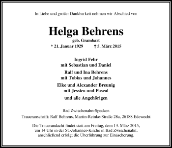 Traueranzeige von Helga Behrens von Nordwest-Zeitung