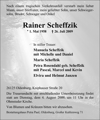 Traueranzeige von Rainer Scheffzik von Nordwest-Zeitung