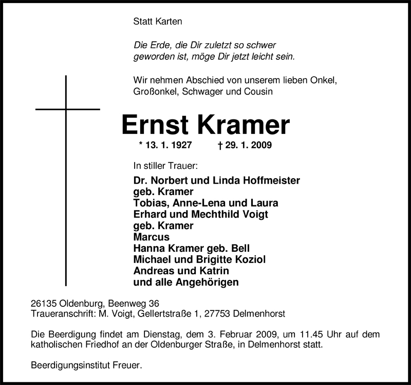  Traueranzeige für Ernst Kramer vom 31.01.2009 aus Nordwest-Zeitung