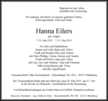 Traueranzeige von Hanna Eilers von Nordwest-Zeitung