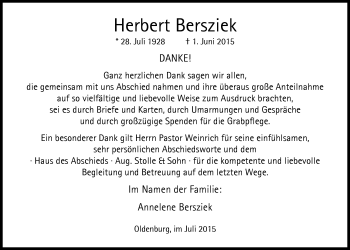 Traueranzeige von Herbert Bersziek von Nordwest-Zeitung
