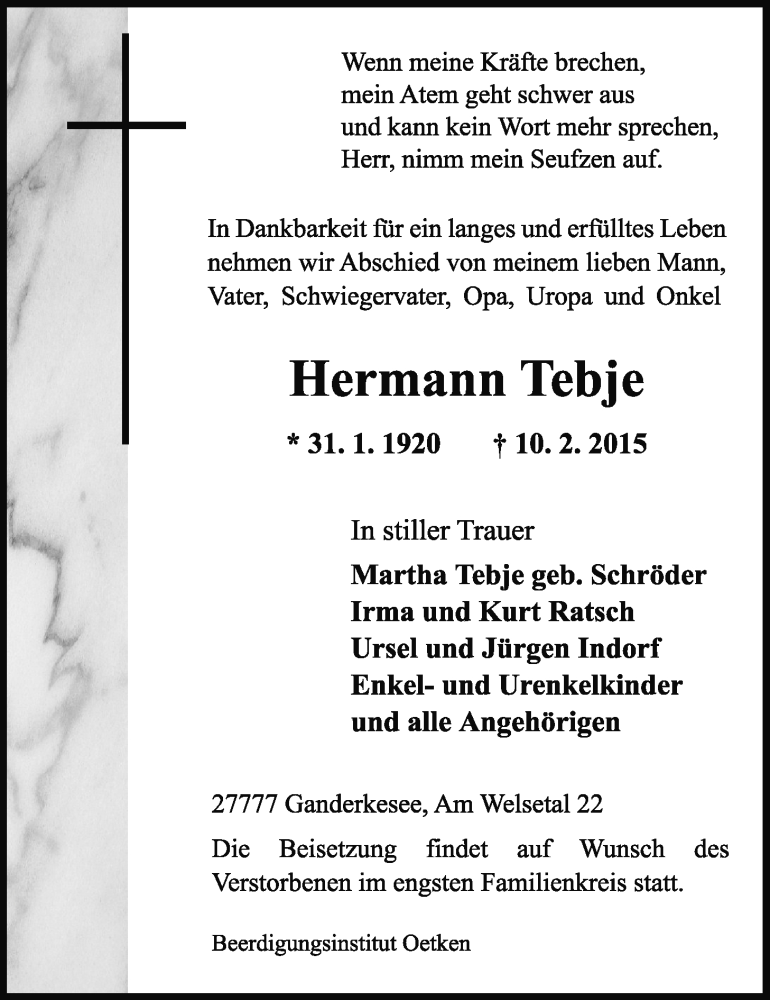 Traueranzeige für Hermann Tebje vom 12.02.2015 aus Nordwest-Zeitung