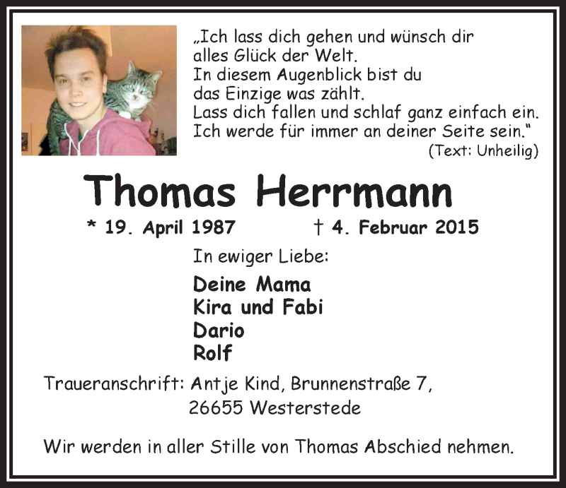  Traueranzeige für Thomas Herrmann vom 07.02.2015 aus Nordwest-Zeitung