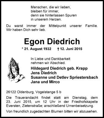 Traueranzeige von Egon Diedrich von Nordwest-Zeitung
